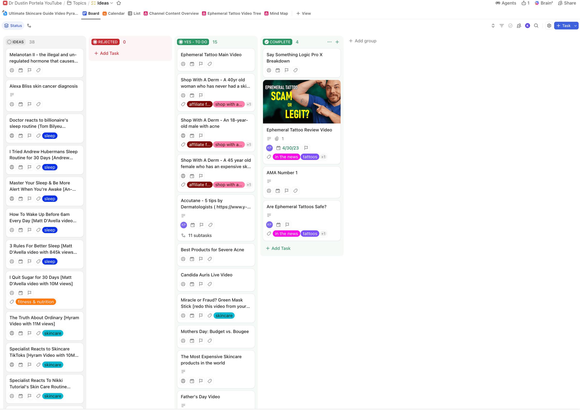 ClickUp idea board with ideas sorted into Ideas, Rejected, Yes to Do, and Complete, tagged by topic and affiliate type
