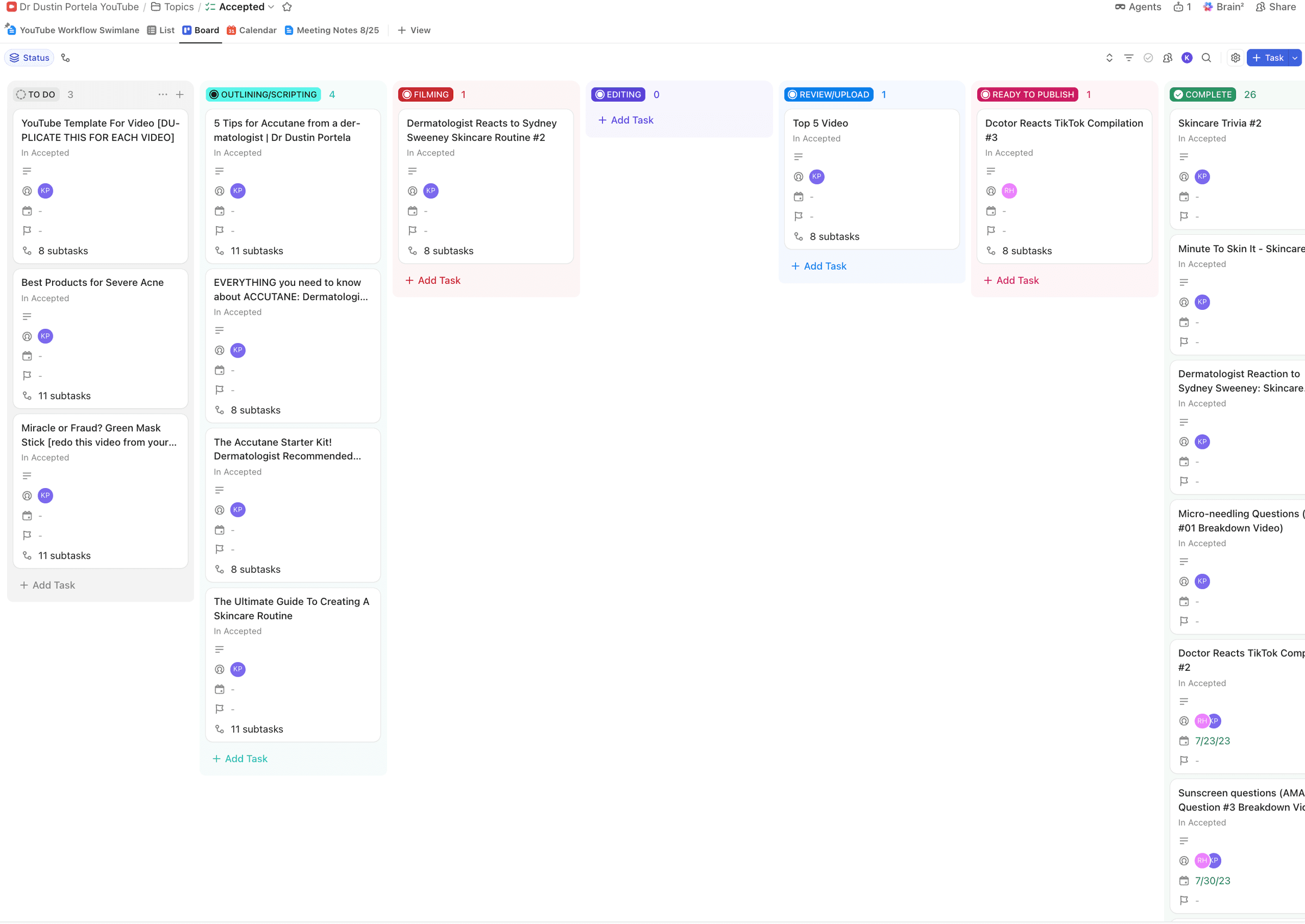 ClickUp board showing each video moving from To Do through Outlining and Scripting, Filming, Editing, Review and Upload, Ready to Publish, and Complete