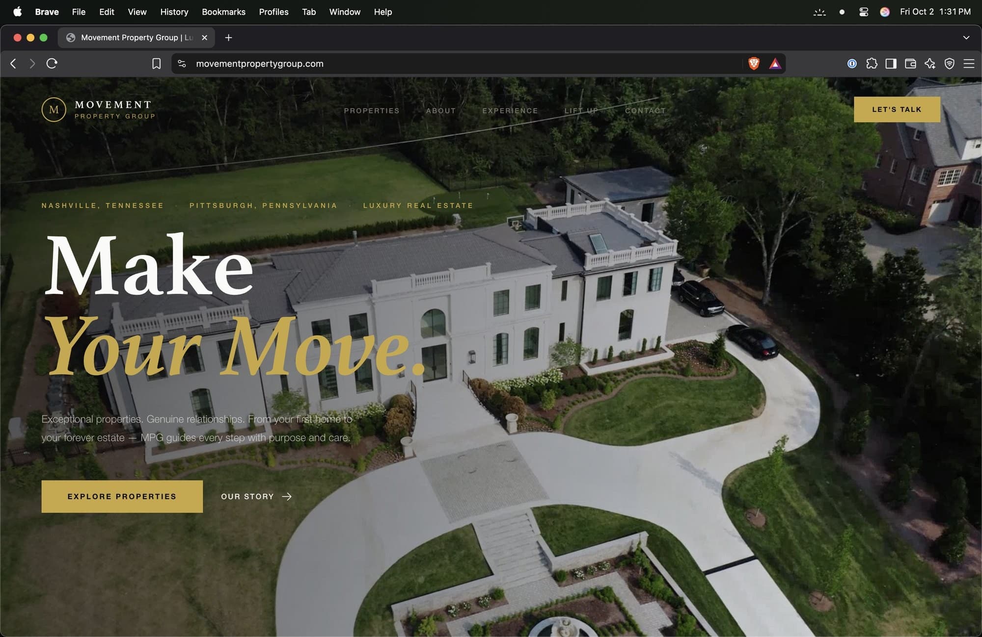 movementpropertygroup.com homepage with the website loop playing, aerial angle