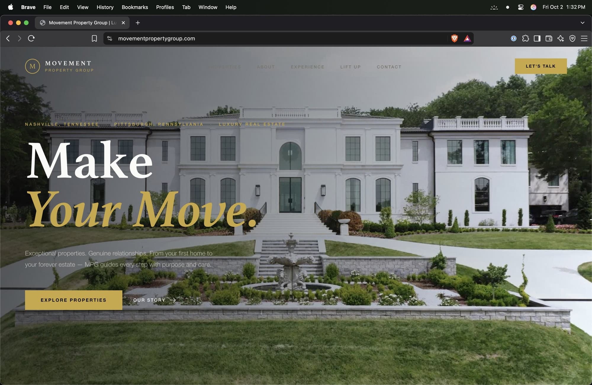 movementpropertygroup.com homepage with the website loop playing, front elevation