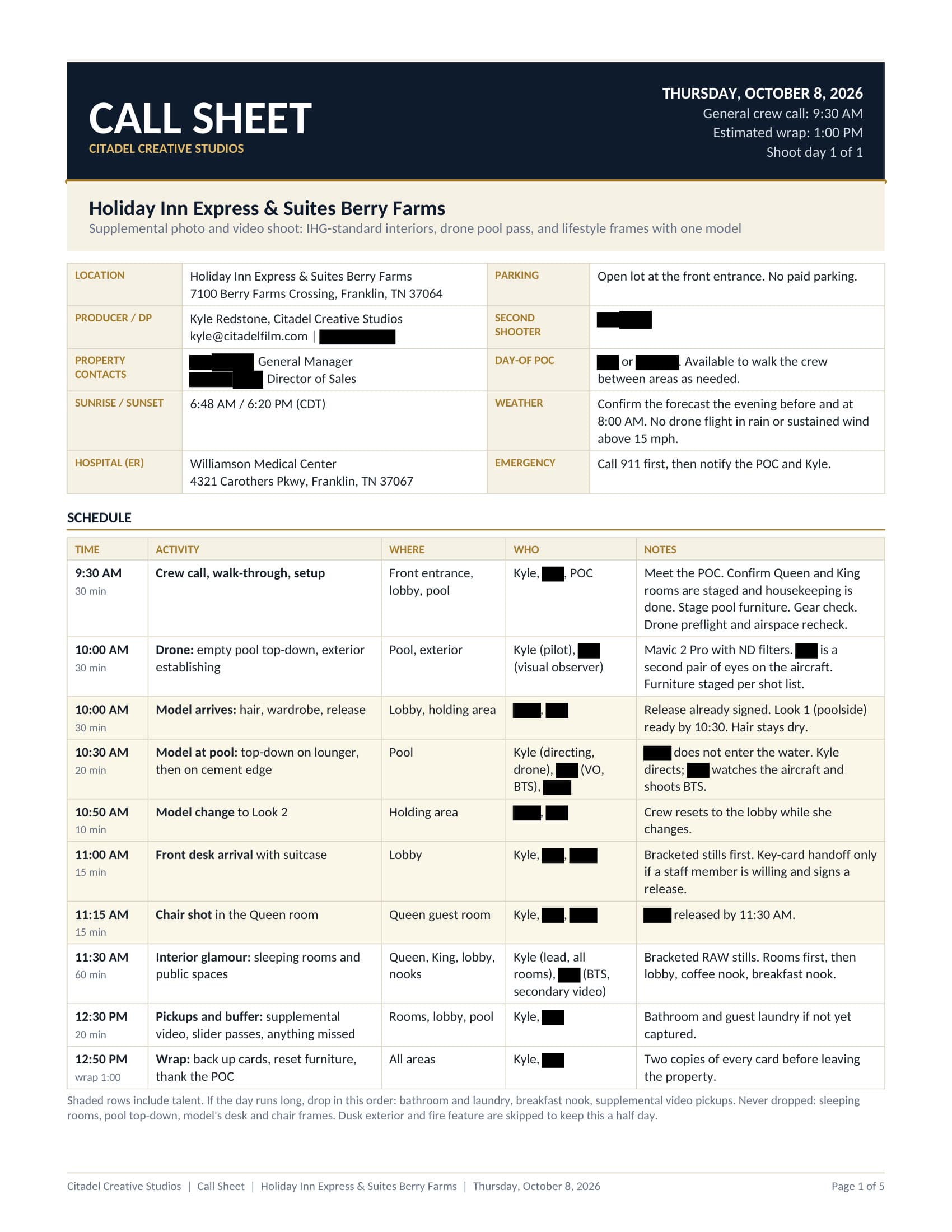 Page 1 of the call sheet for the 8 October 2026 shoot: location, crew, sunrise and sunset, hospital, and the schedule from crew call to wrap, with names redacted