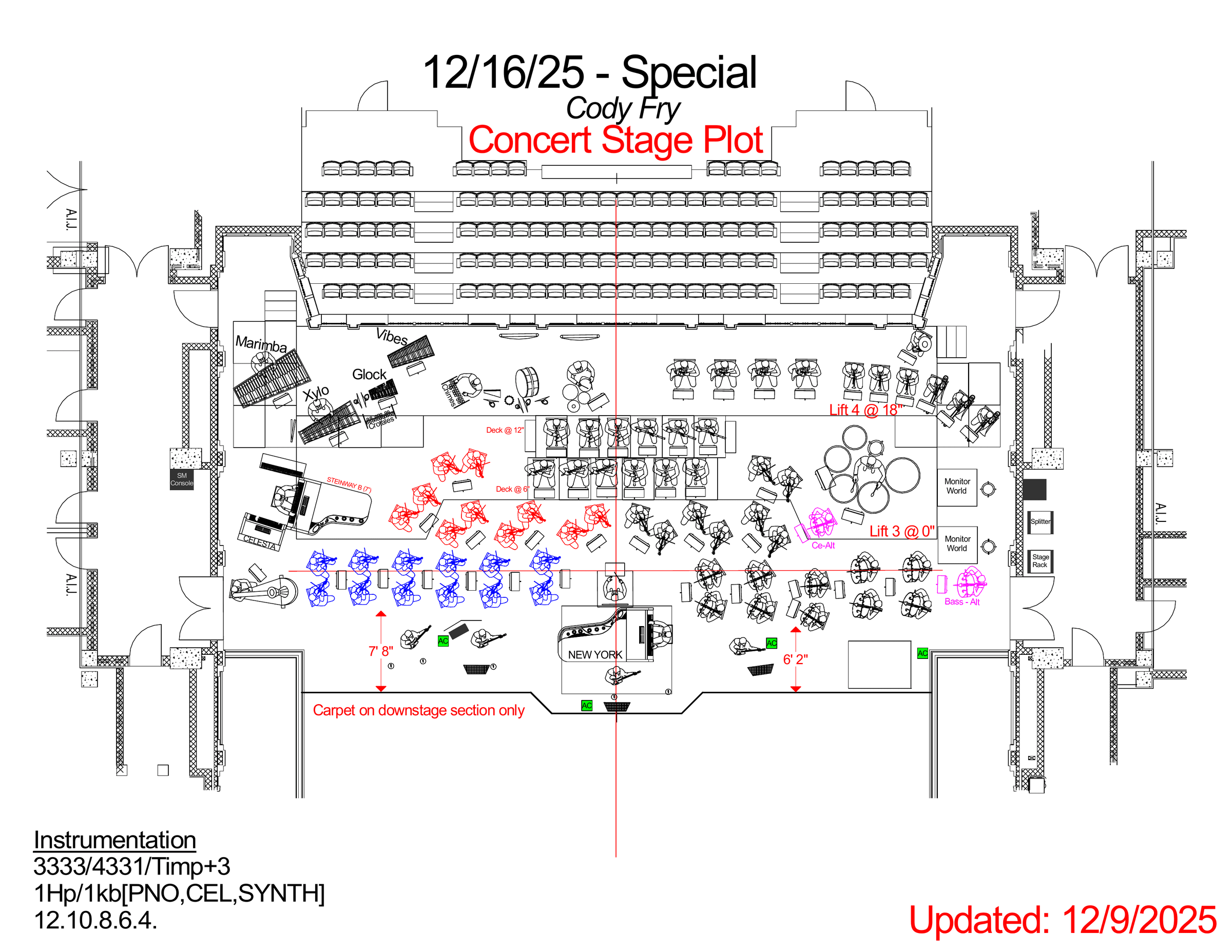Top-down stage plot for the Cody Fry concert: orchestra seating by section on risers and lifts, a Steinway grand and celesta, percussion, monitor positions and the stage rack