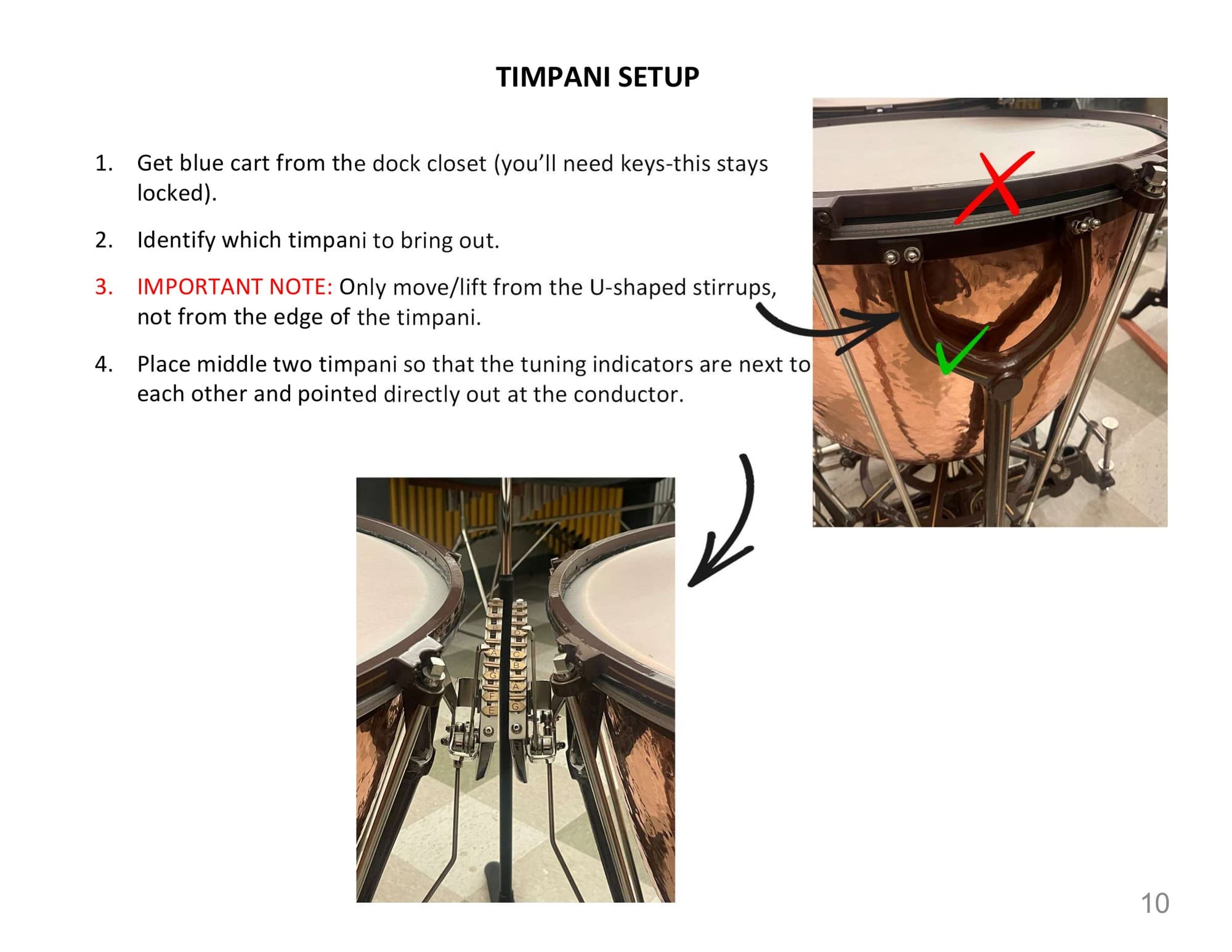 Handbook page: timpani setup steps with a right and wrong way to lift