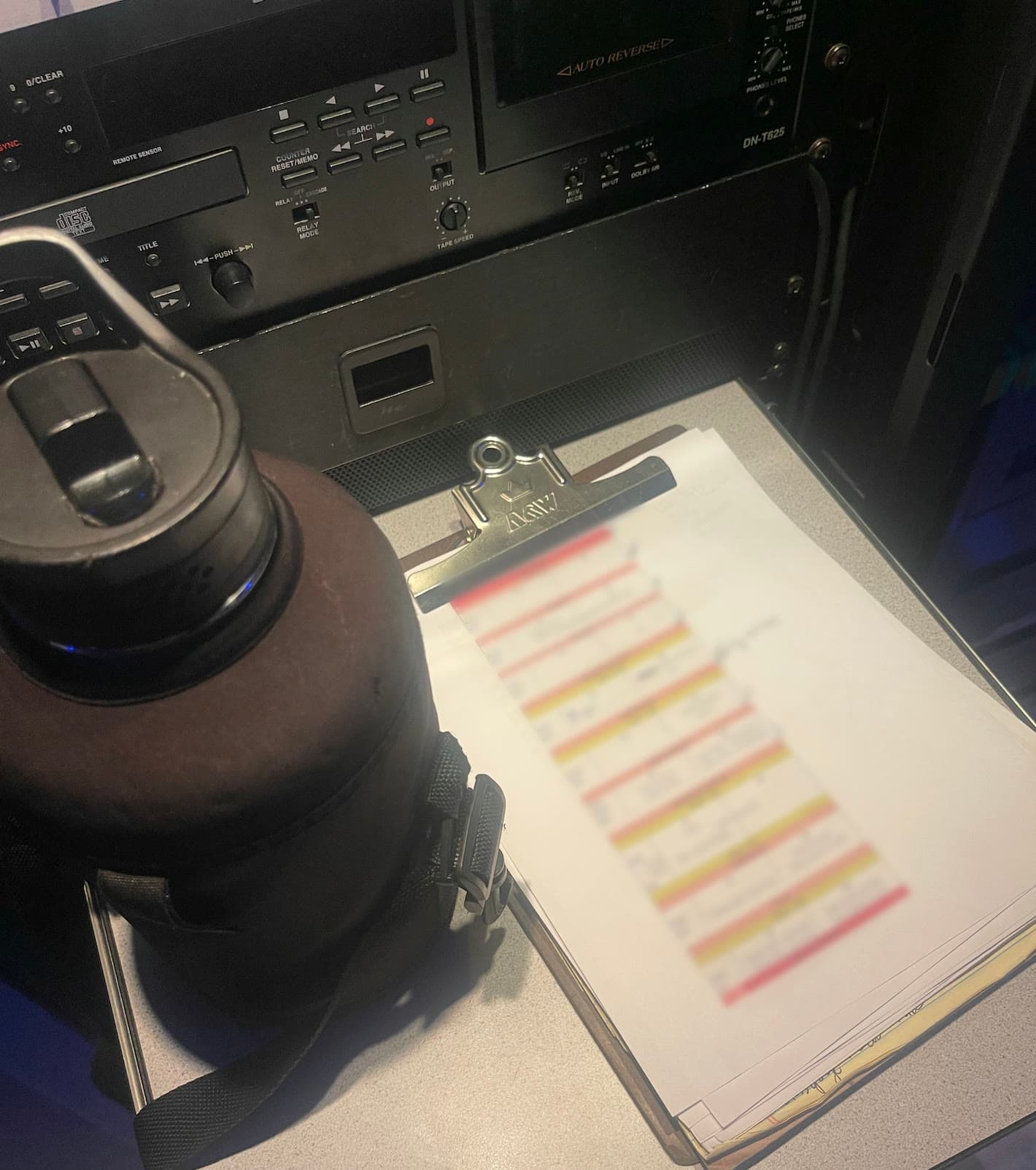 A clipboard of song cues on the stage manager console beside a water bottle, with the names on the sheet blurred