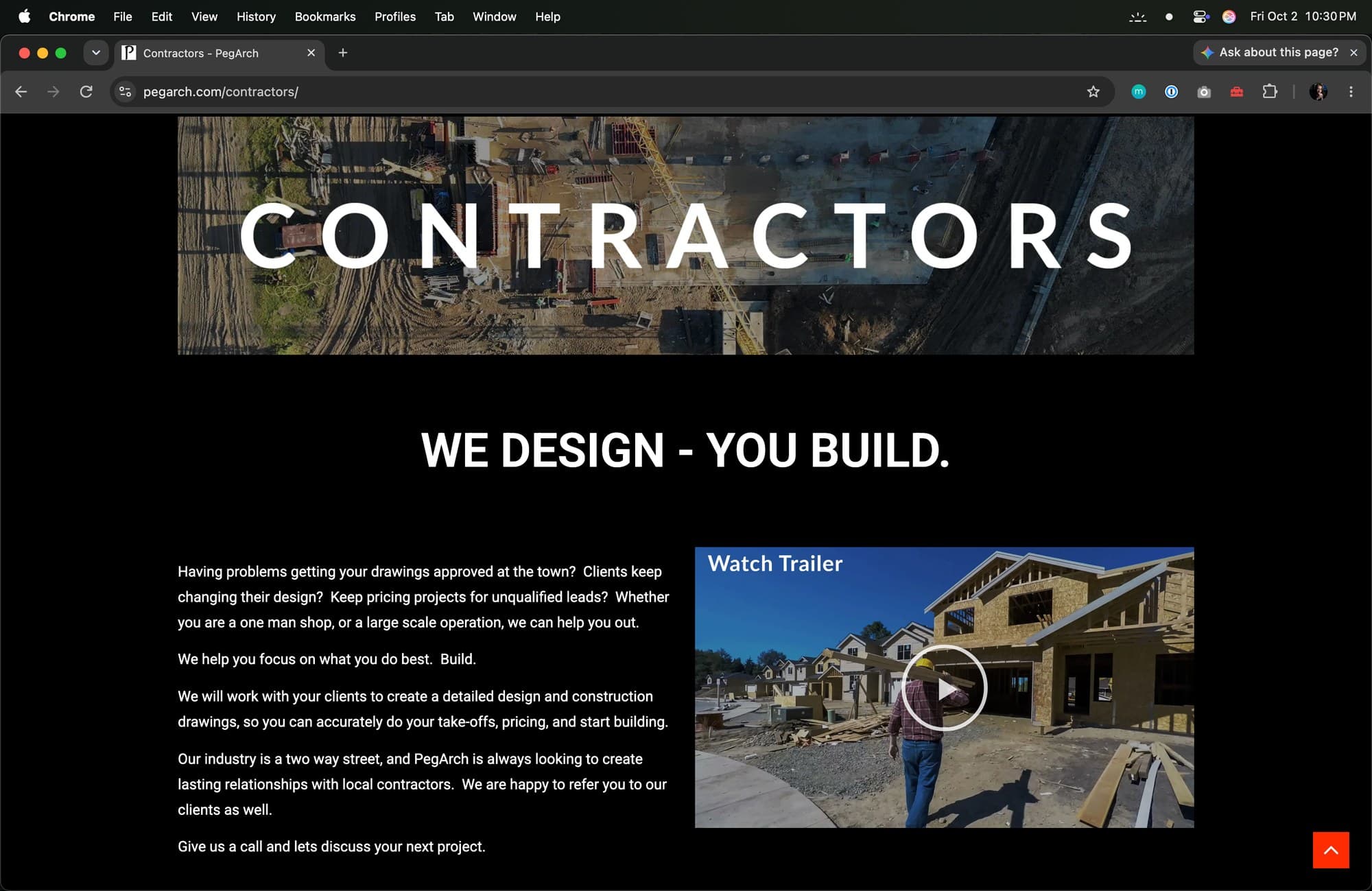 The PegArch Contractors page with its trailer