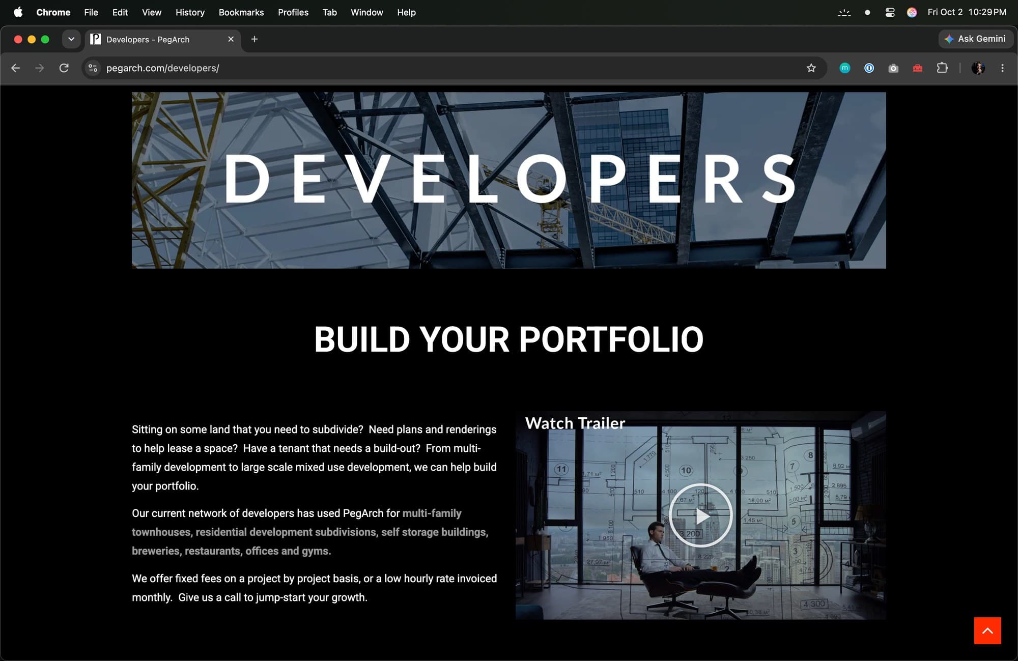 The PegArch Developers page with its trailer
