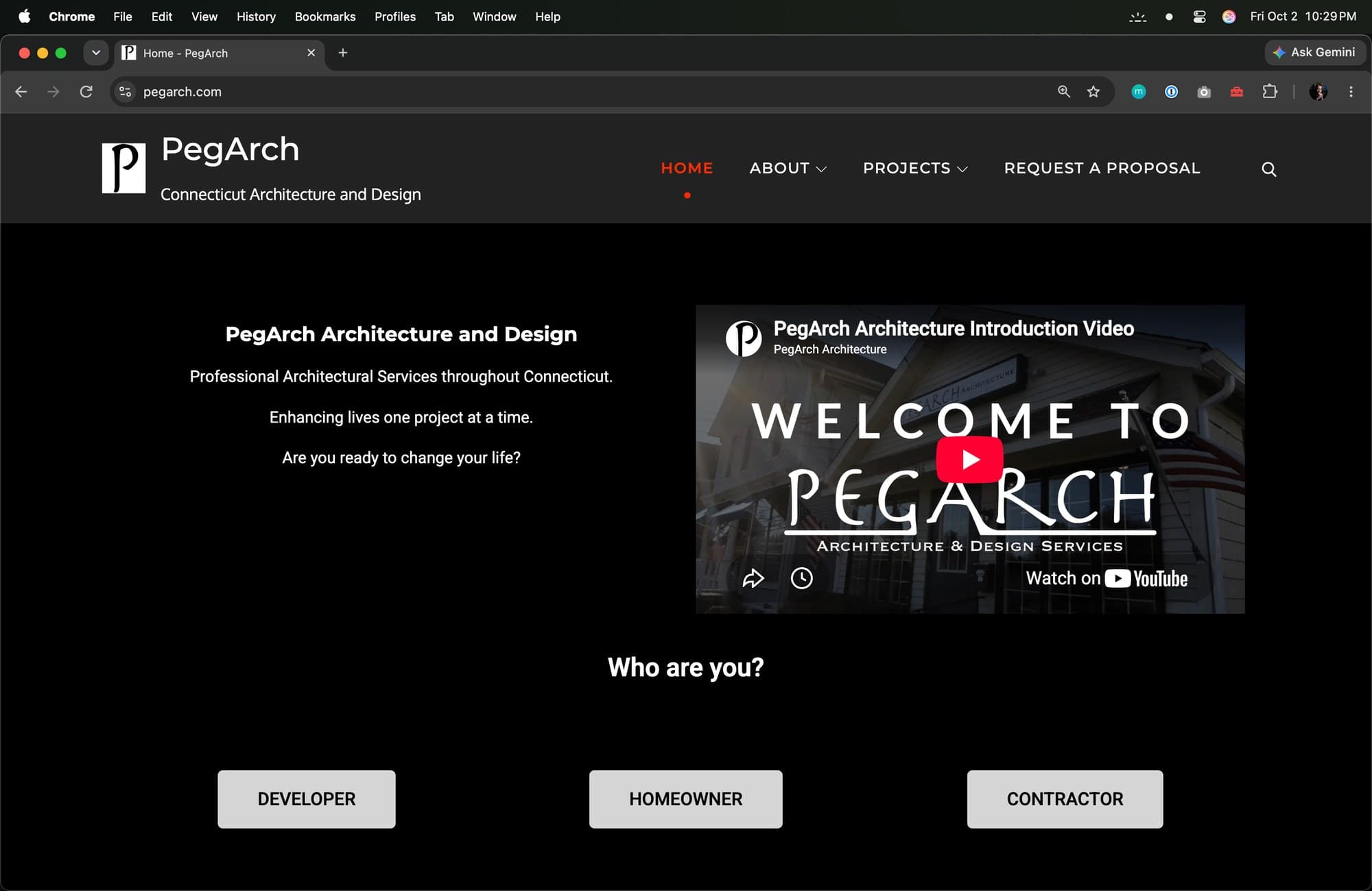The PegArch home page, with the intro film above three buttons: Developer, Homeowner, Contractor